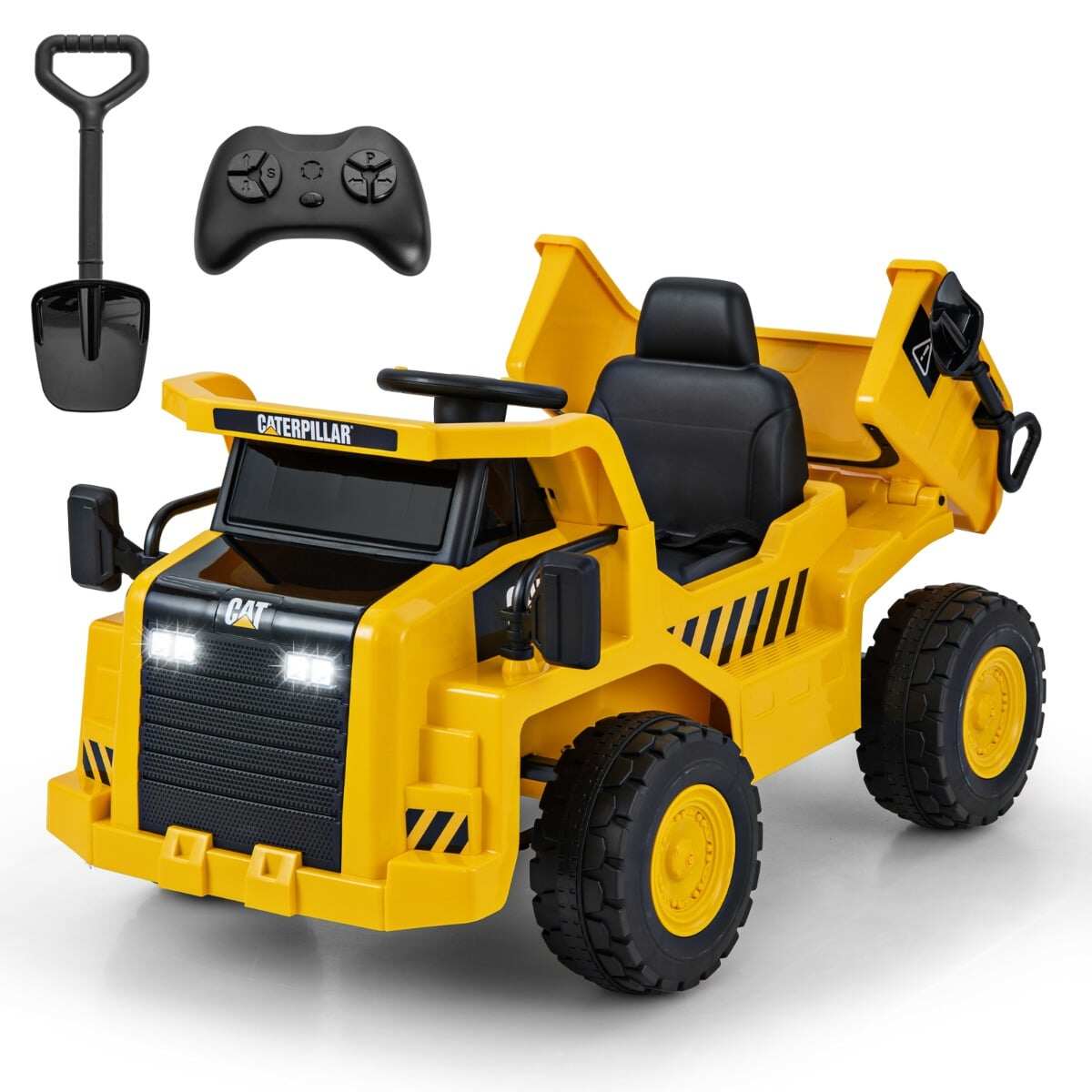 Laste Caterpillar elektriauto 12 V kallur istumiseks koos liivalabida, kallurkasti ja megafoniga
