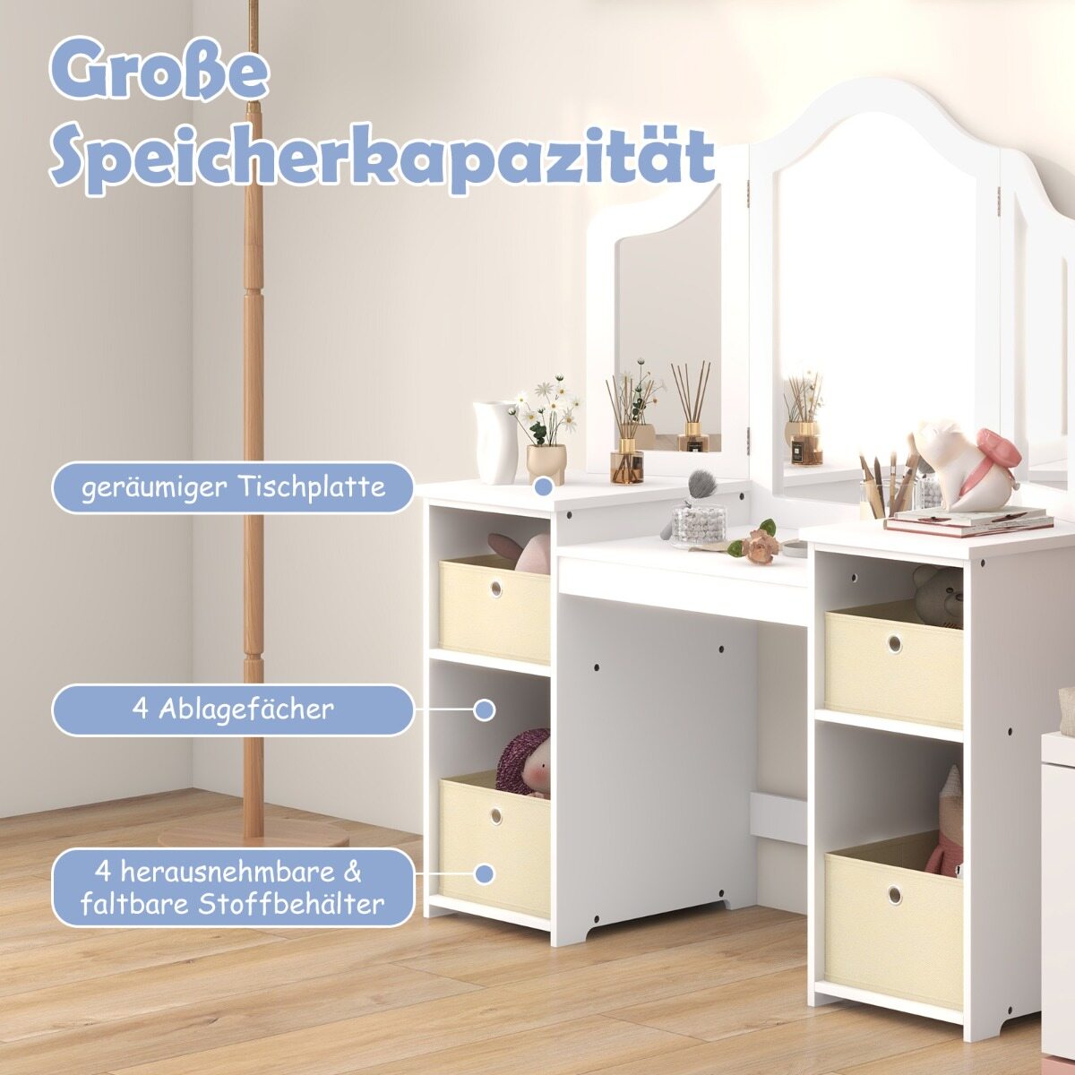 2-ühes printsessi stiilis meigilaud eemaldatavate peeglitega - valge