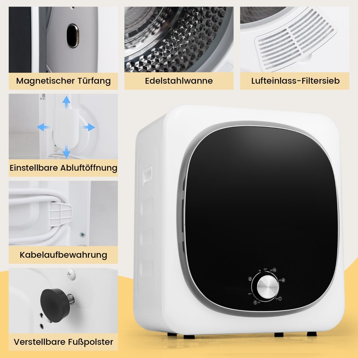 Kompaktne trummelkuivati ​​2,5 kg kaasaskantav pesukuivati ​​800 W 5 kuivatusrežiimiga roostevabast terasest trummel lihtsa juhtimisega nupp
