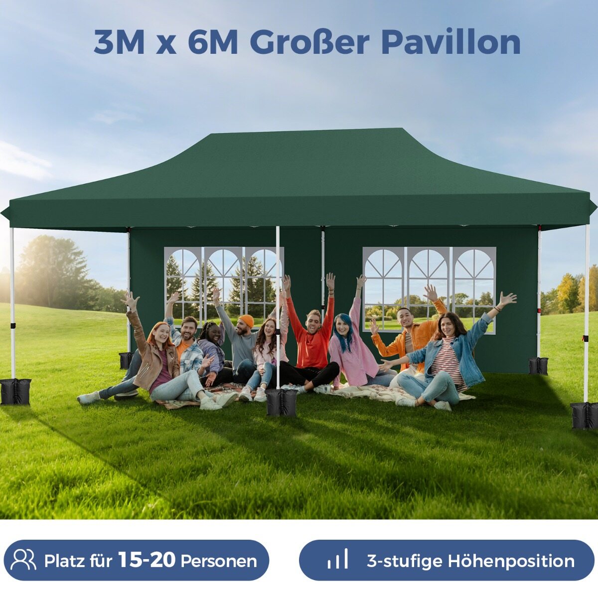 Pop-up varikatus 6 külgseina ja lukuga sissepääsudega, kaasaskantav peo- ja piknikuvarikatus 3 x 6 m roheline