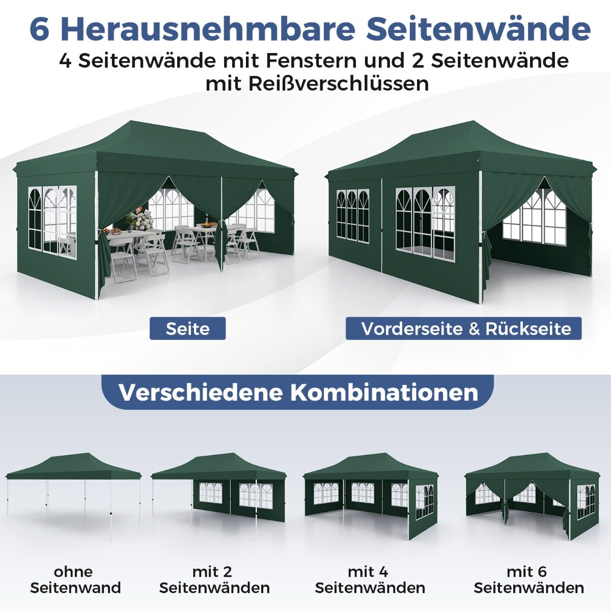 Pop-up varikatus 6 külgseina ja lukuga sissepääsudega, kaasaskantav peo- ja piknikuvarikatus 3 x 6 m roheline