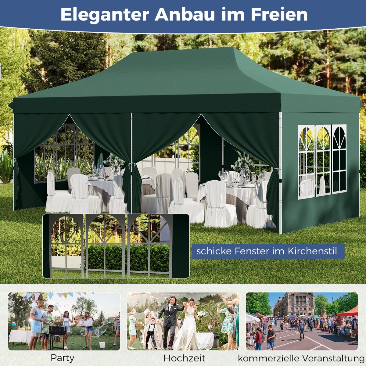 Pop-up varikatus 6 külgseina ja lukuga sissepääsudega, kaasaskantav peo- ja piknikuvarikatus 3 x 6 m roheline