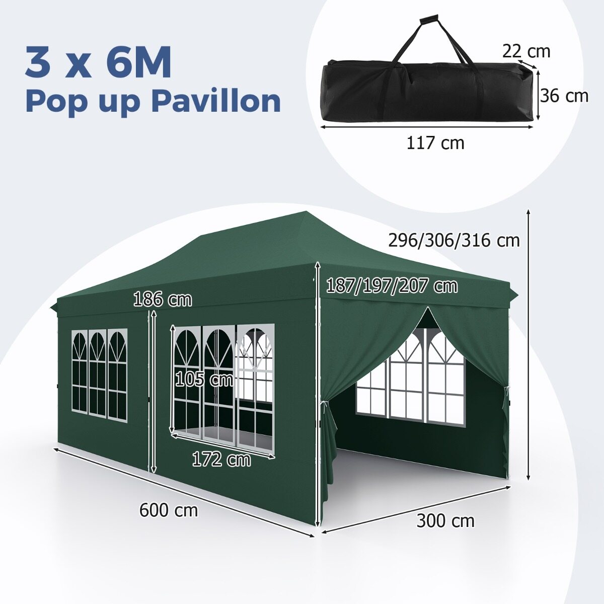 Pop-up varikatus 6 külgseina ja lukuga sissepääsudega, kaasaskantav peo- ja piknikuvarikatus 3 x 6 m roheline