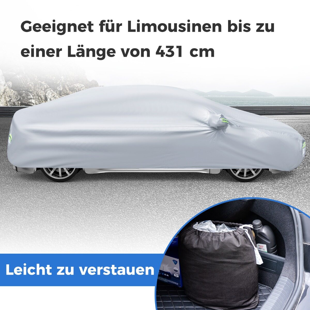 Autokate lukuga ja taskuga Ilmastikukindel autokate 455 x 165 x 115 cm hõbedane
