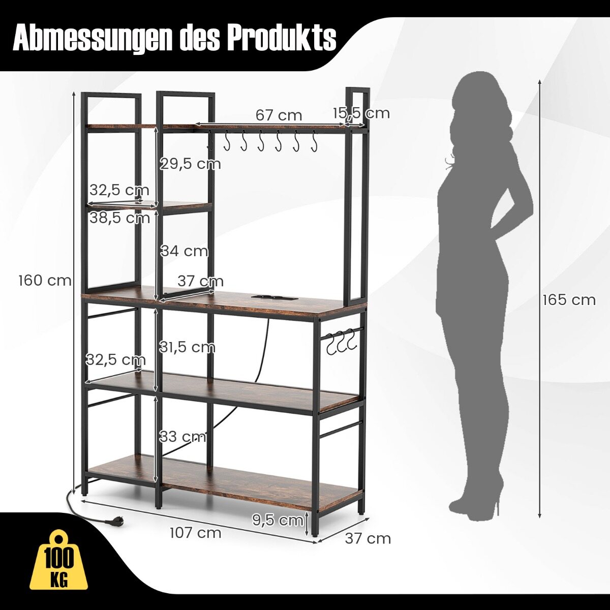 Köögiriiul pistikupesadega, 5 tasapinda, mikrolaineahju riiul riiulitega, 107 x 37 x 160 cm, maalähedane pruun