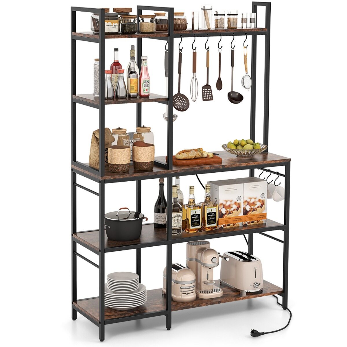 Köögiriiul pistikupesadega, 5 tasapinda, mikrolaineahju riiul riiulitega, 107 x 37 x 160 cm, maalähedane pruun