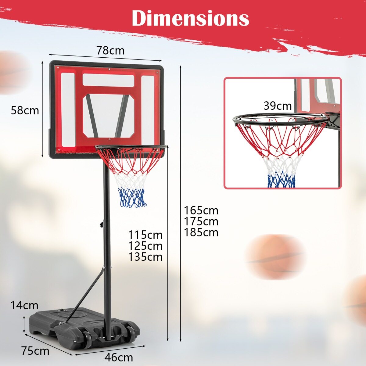 Swimming Pool Basketball Hoop Adjustable with Fillable Base and Wheels-Red