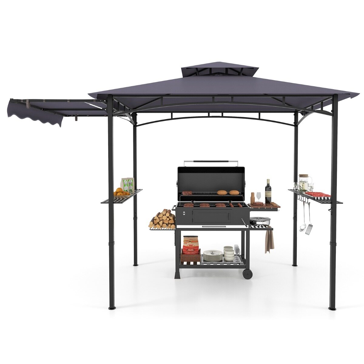 318 x 153 cm grillvarikatus külgvarikatusega, metallraamiga, kahe astme ja kahe riiuliga, tumehall