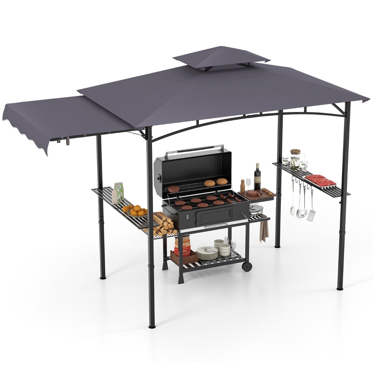 318 x 153 cm grillvarikatus külgvarikatusega, metallraamiga, kahe astme ja kahe riiuliga, tumehall