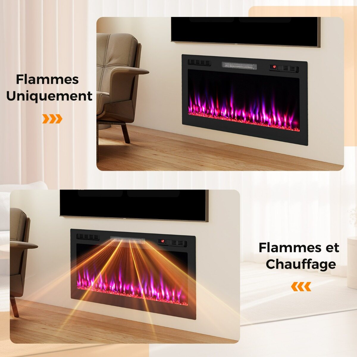 Kamin, ühildub Alexa ja Google Assistantiga, sisseehitatud või seinale kinnitatav kütteseade, 750 W/1500 W, rakenduse ja puldiga, 12 värvi, must