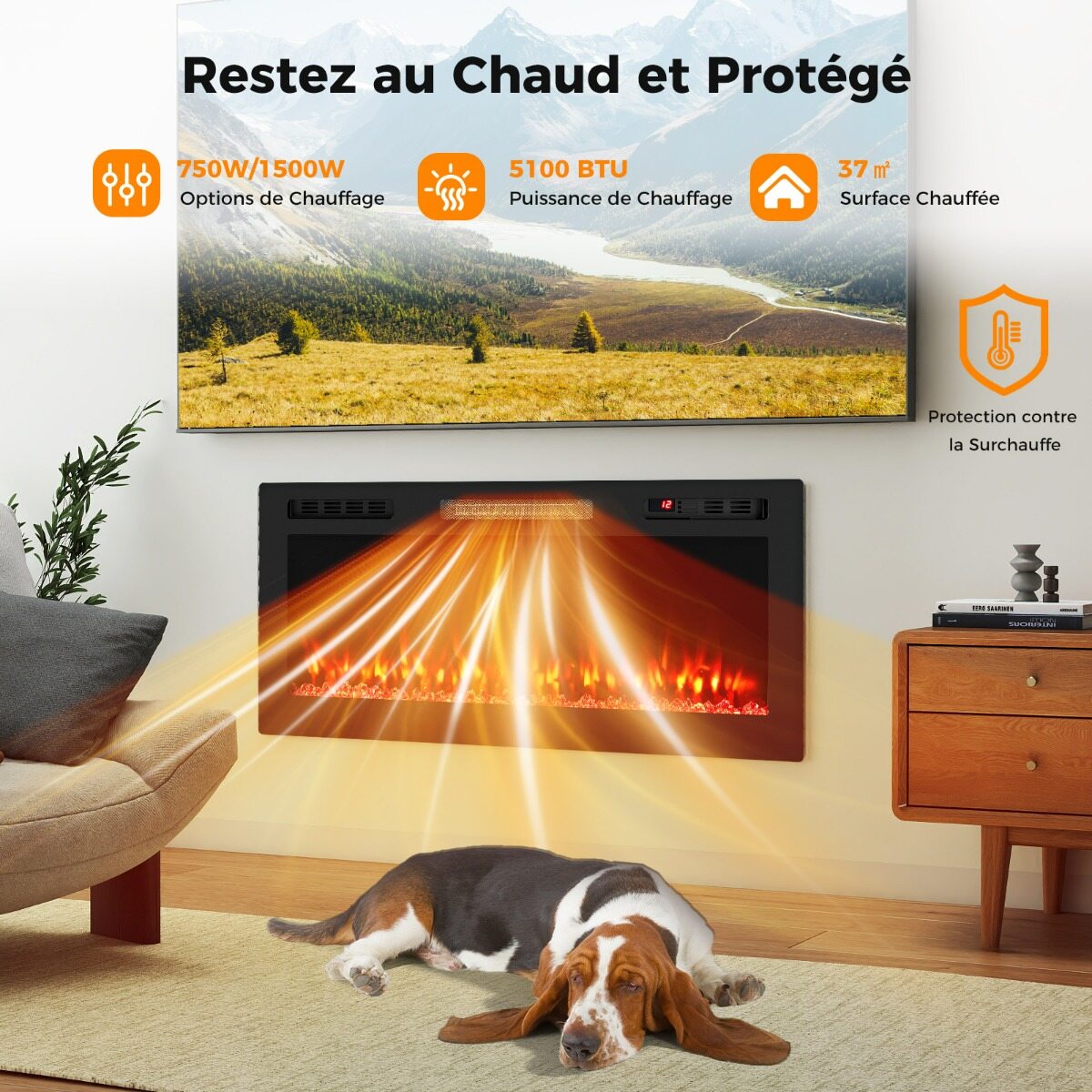 Kamin, ühildub Alexa ja Google Assistantiga, sisseehitatud või seinale kinnitatav kütteseade, 750 W/1500 W, rakenduse ja puldiga, 12 värvi, must