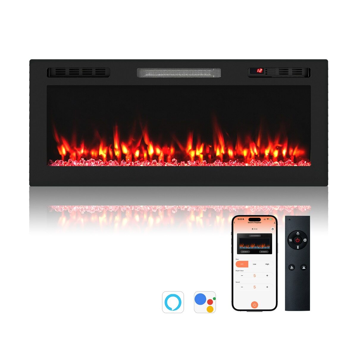 Kamin, ühildub Alexa ja Google Assistantiga, sisseehitatud või seinale kinnitatav kütteseade, 750 W/1500 W, rakenduse ja puldiga, 12 värvi, must