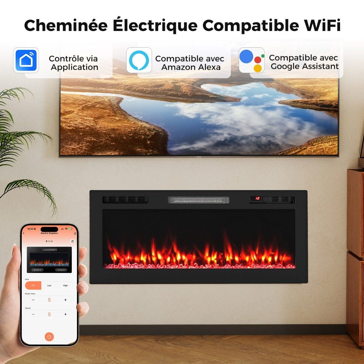 Kamin, ühildub Alexa ja Google Assistantiga, sisseehitatud või seinale kinnitatav kütteseade, 750 W/1500 W, rakenduse ja puldiga, 12 värvi, must
