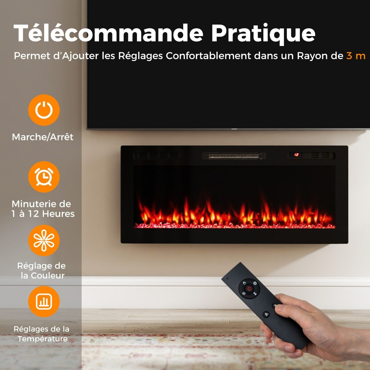 Kamin, ühildub Alexa ja Google Assistantiga, sisseehitatud või seinale kinnitatav kütteseade, 750 W/1500 W, rakenduse ja puldiga, 12 värvi, must