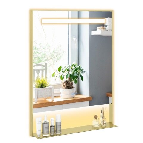 80x60cm LED vannitoapeegel riiuliga, alumiiniumraamiga tualettlauapeegel uduvastase funktsiooniga, 3 valgusvärvi, kuldne