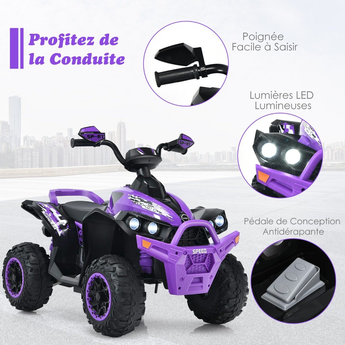 12 V elektriline laste ATV helisignaali ja LED-esitulega, lilla elektriline ATV