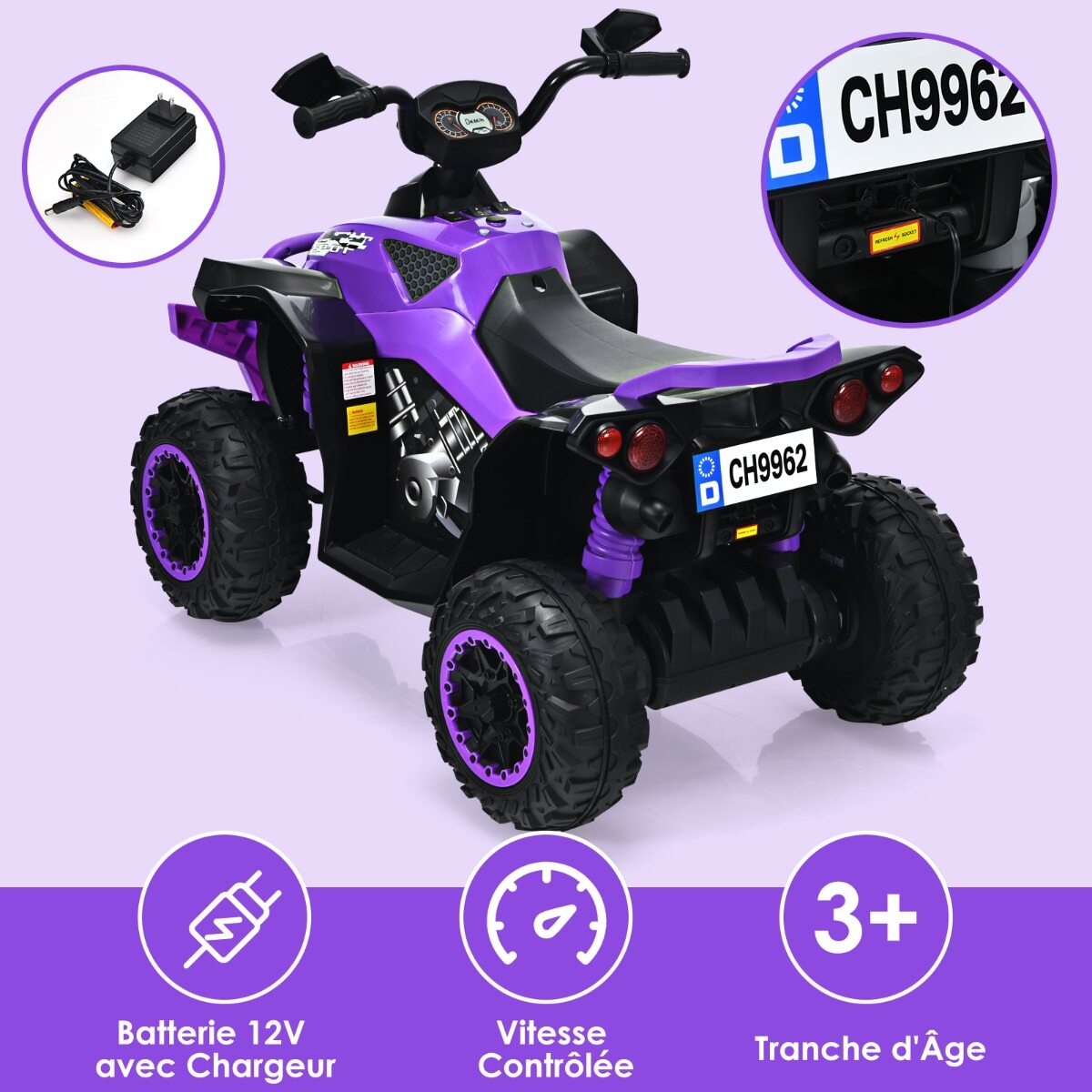 12 V elektriline laste ATV helisignaali ja LED-esitulega, lilla elektriline ATV