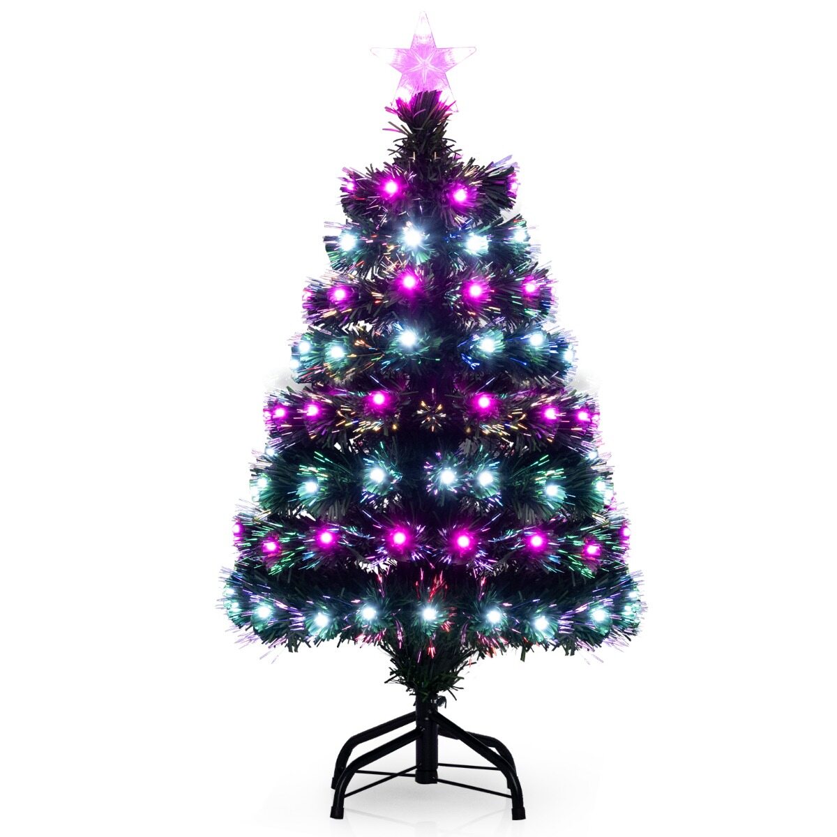 93 cm eelvalgustusega kunstkuusk mitmevärvilise fiiberoptikaga, 96 LED-tulega, 8 režiimiga, 96 PVC-oksaga, roheline tähtkuju