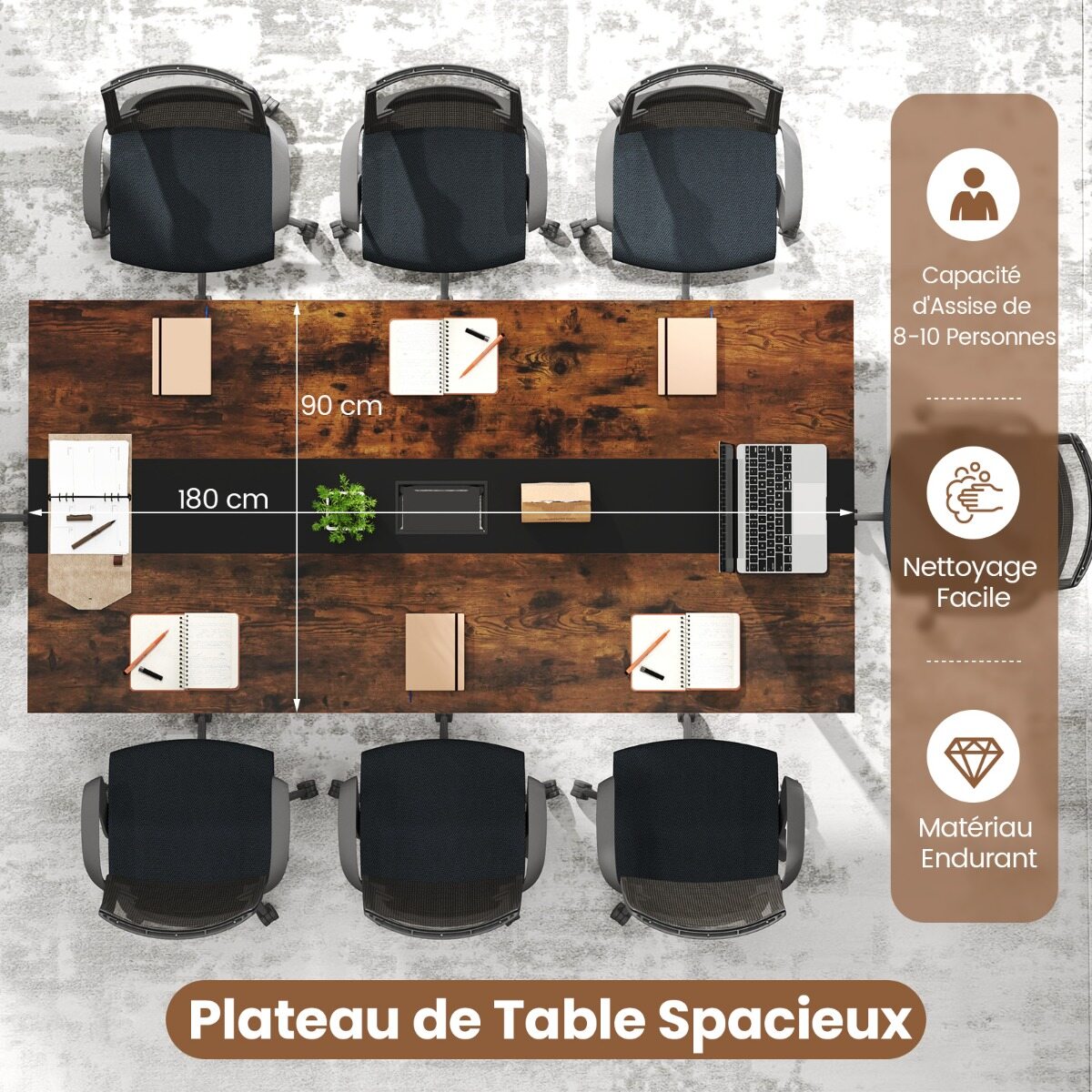 Conference Table Meeting Table 180 x 90 CM for 8-10 People Rectangular Seminar Work Table Rustic Brown Conference Table Meeting Table 180 x 90 CM for 8-10 People Rectangular Seminar Work Table Rustic Brown