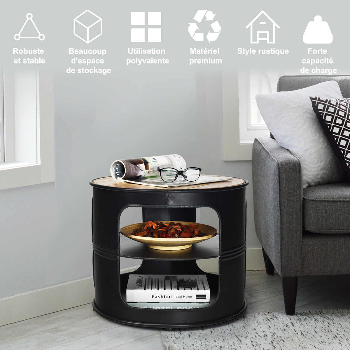 Industrial coffee table made of wood and metal with 2 shelves, load capacity up to 50 kg, black Industrial coffee table made of wood and metal with 2 shelves, load capacity up to 50 kg, black
