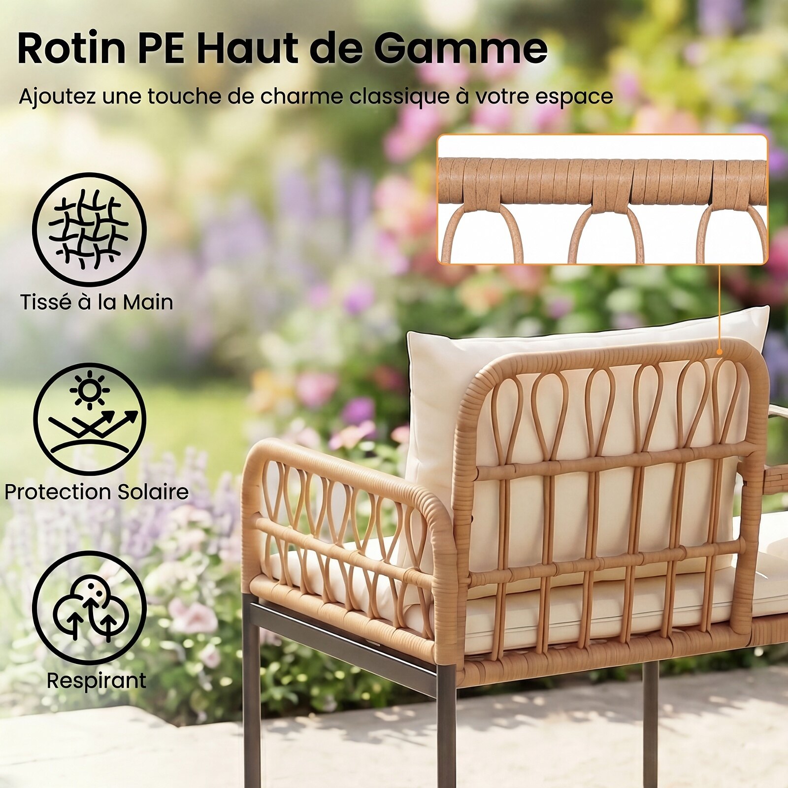 Garden Sofa with Cushions, 2-Seater Glass Garden Bench with 2 Cushions, Metal Frame, Beige Wicker Resin Sofa