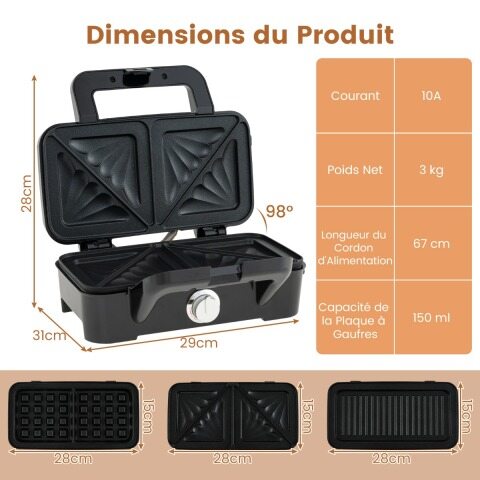 3-ühes vahvliküpsetis, paninipress ja röster eemaldatavate mittenakkuvate plaatidega, elektriline võileivaküpsetis, must