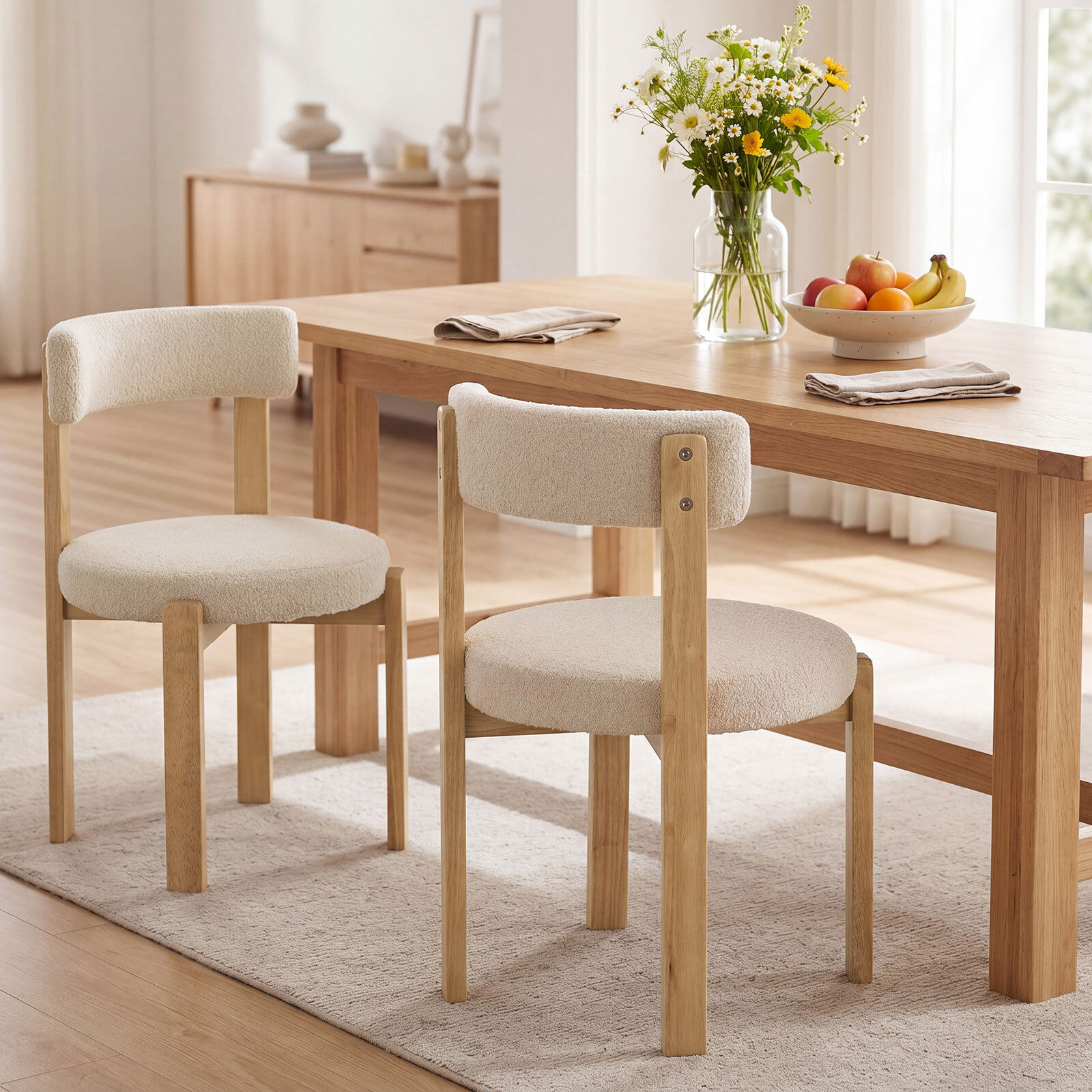 Set of 2 Modern Beige Plush Curly Dining Chairs, Armless Armchairs with Solid Wood Legs, 160 kg Load Capacity, Beige
