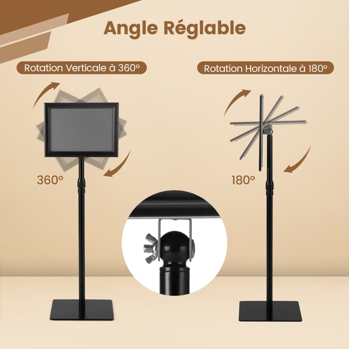 Tugev plakatialus, 2 tk komplekt, eraldiseisev stendalus, 360° pöörlev, reguleeritava kõrgusega (74-118 cm), raskusega alus, must stend