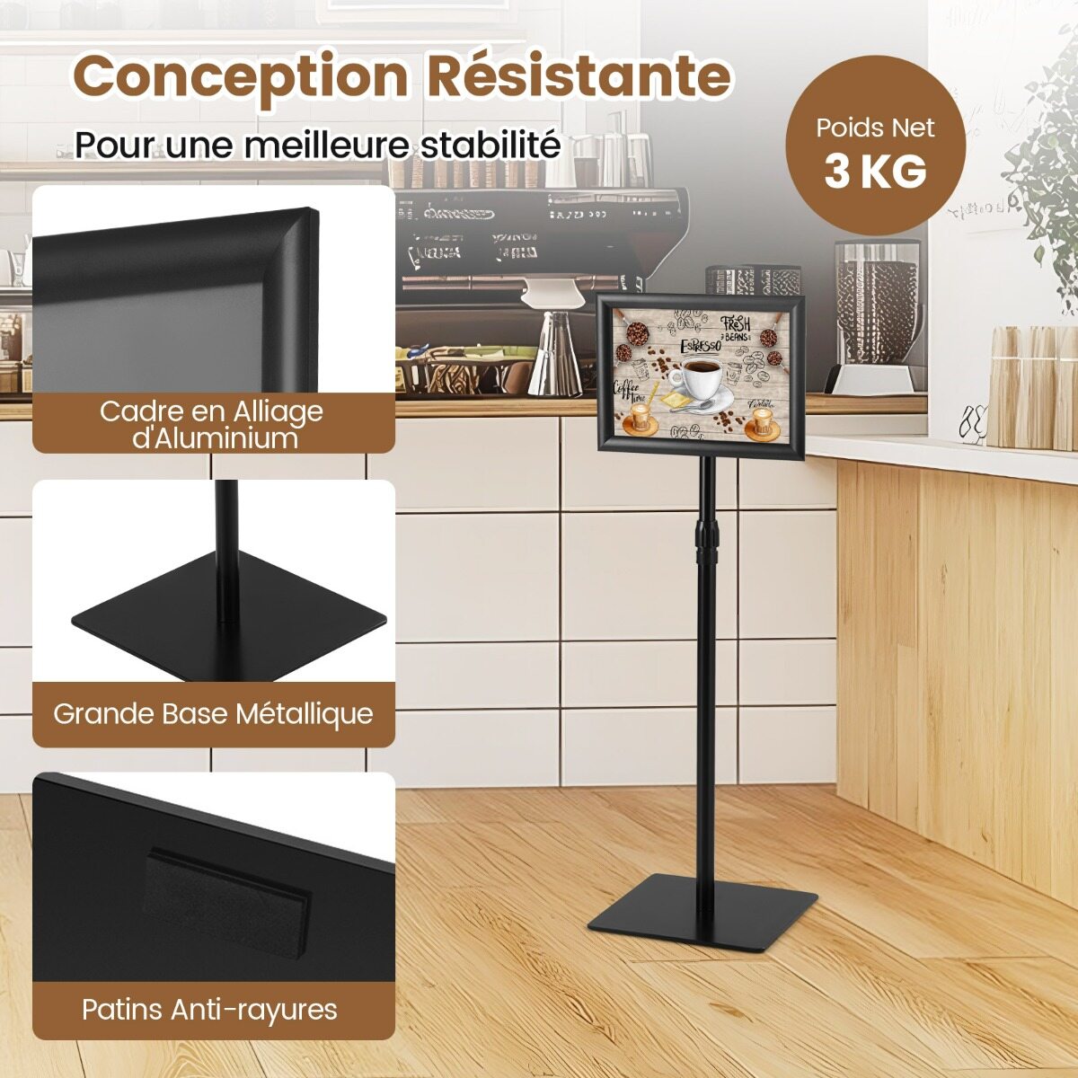 Tugev plakatialus, 2 tk komplekt, eraldiseisev stendalus, 360° pöörlev, reguleeritava kõrgusega (74-118 cm), raskusega alus, must stend