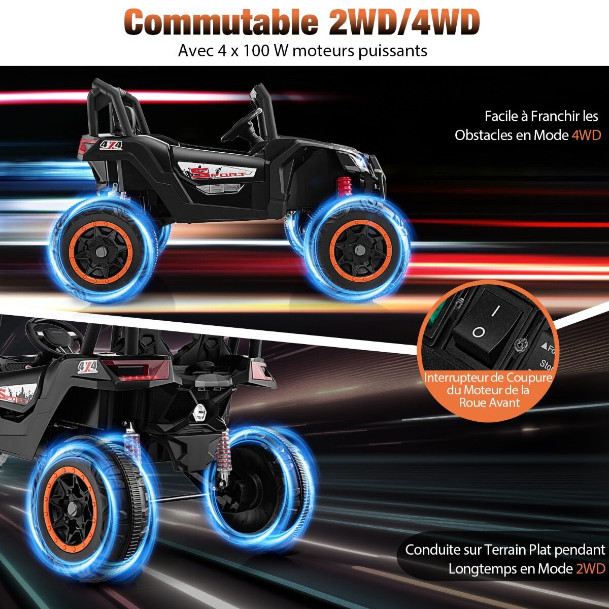 Elektriline UTV 4 WD/2 WD 24 V 2-kohaline elektriauto 4 võimsa 100 W mootoriga, puldiga, pehme käivitusega, vanusele 3+, must