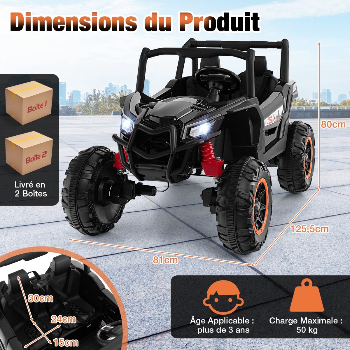 Elektriline UTV 4 WD/2 WD 24 V 2-kohaline elektriauto 4 võimsa 100 W mootoriga, puldiga, pehme käivitusega, vanusele 3+, must