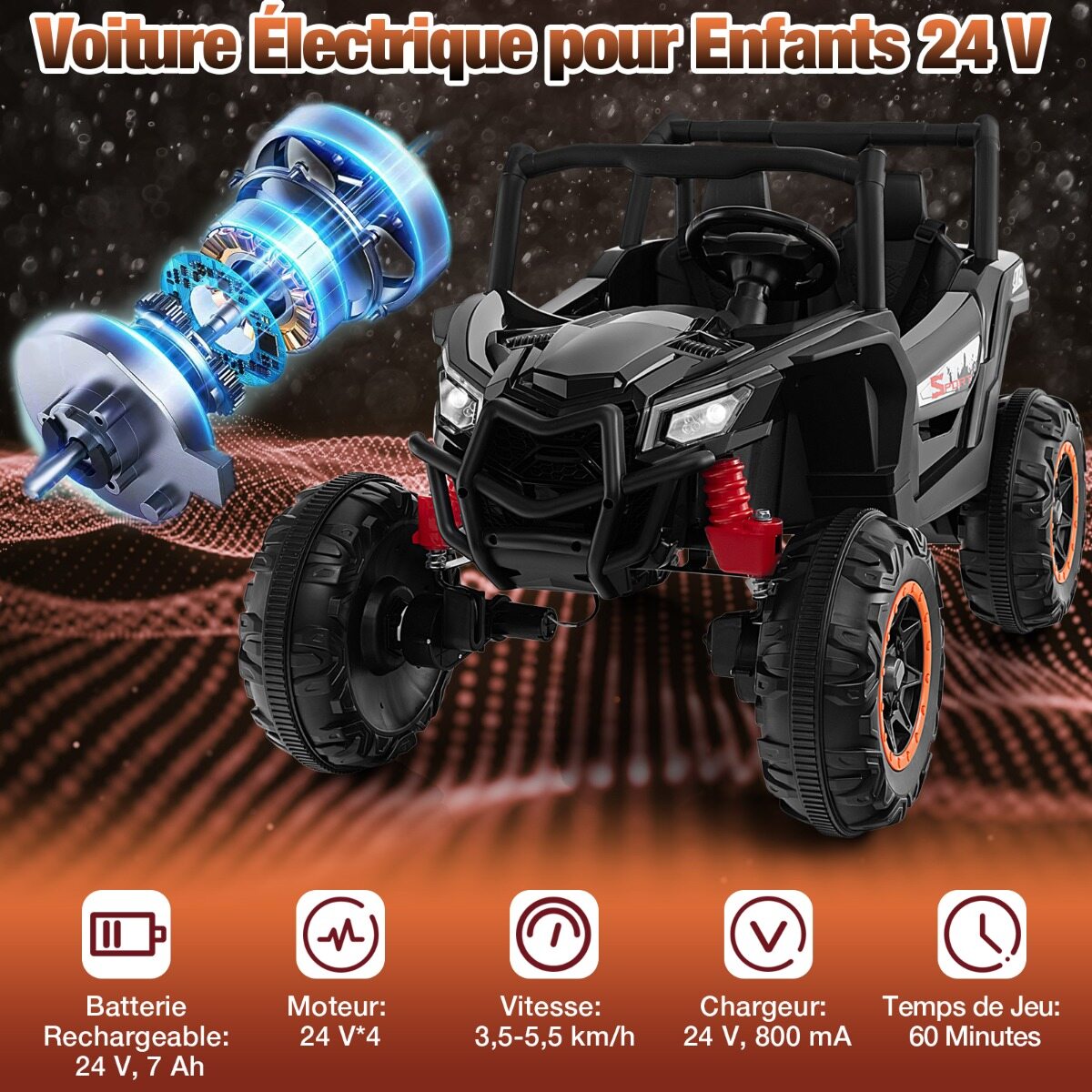 Elektriline UTV 4 WD/2 WD 24 V 2-kohaline elektriauto 4 võimsa 100 W mootoriga, puldiga, pehme käivitusega, vanusele 3+, must