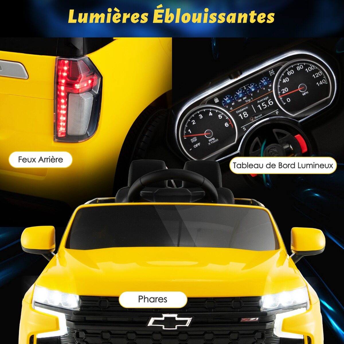 Laste Chevrolet elektriauto 2.4 G puldi ja vedrustuse ja tulede ja muusikaga, lasteauto kollane