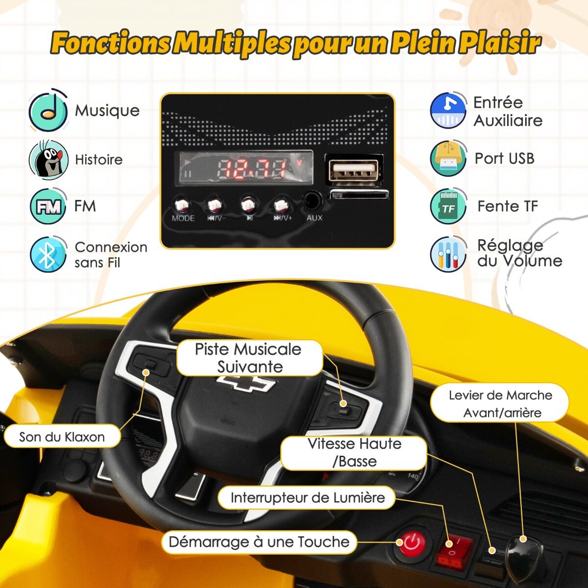 Laste Chevrolet elektriauto 2.4 G puldi ja vedrustuse ja tulede ja muusikaga, lasteauto kollane