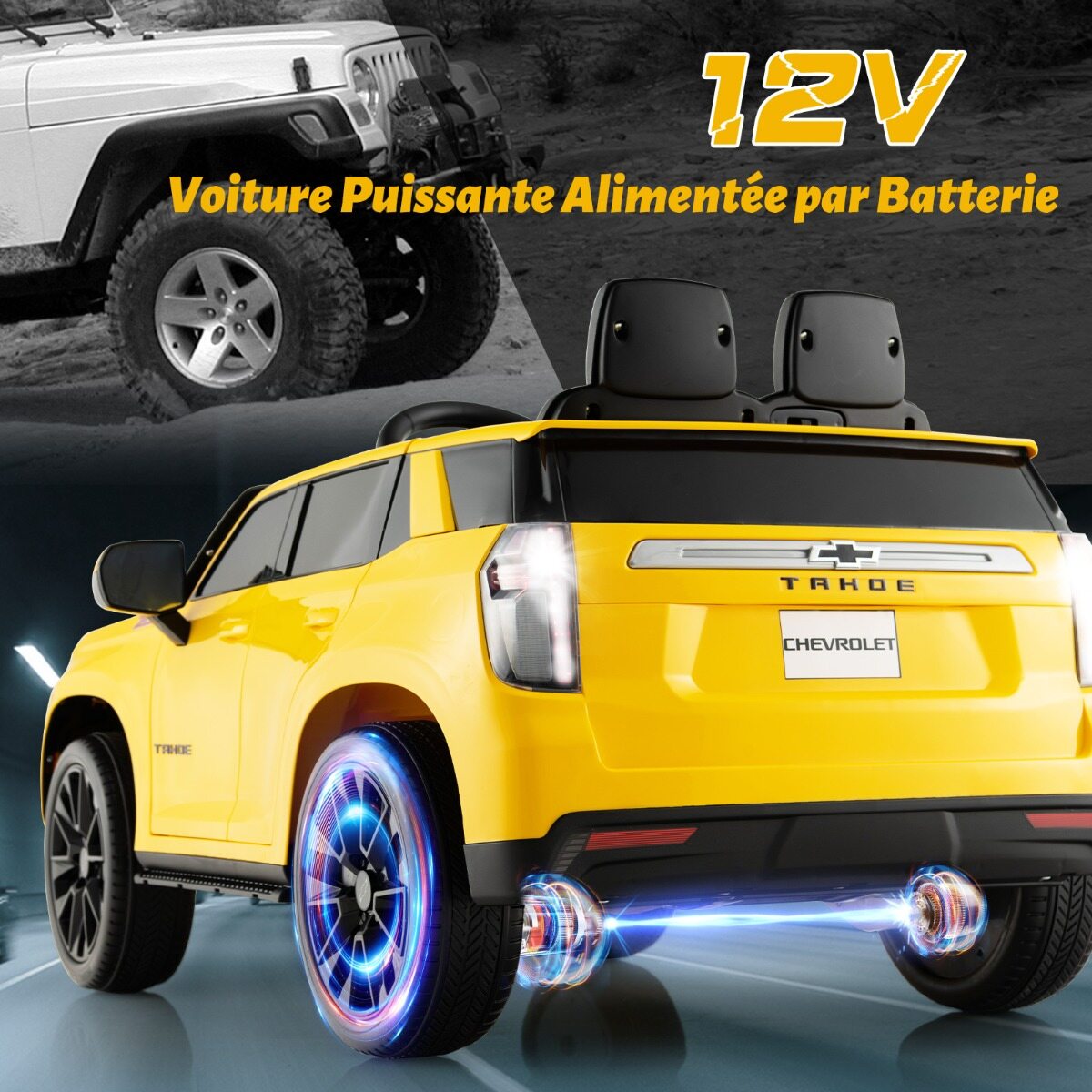 Laste Chevrolet elektriauto 2.4 G puldi ja vedrustuse ja tulede ja muusikaga, lasteauto kollane