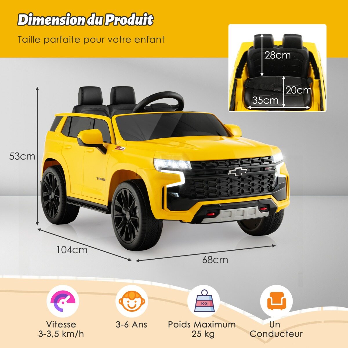 Laste Chevrolet elektriauto 2.4 G puldi ja vedrustuse ja tulede ja muusikaga, lasteauto kollane