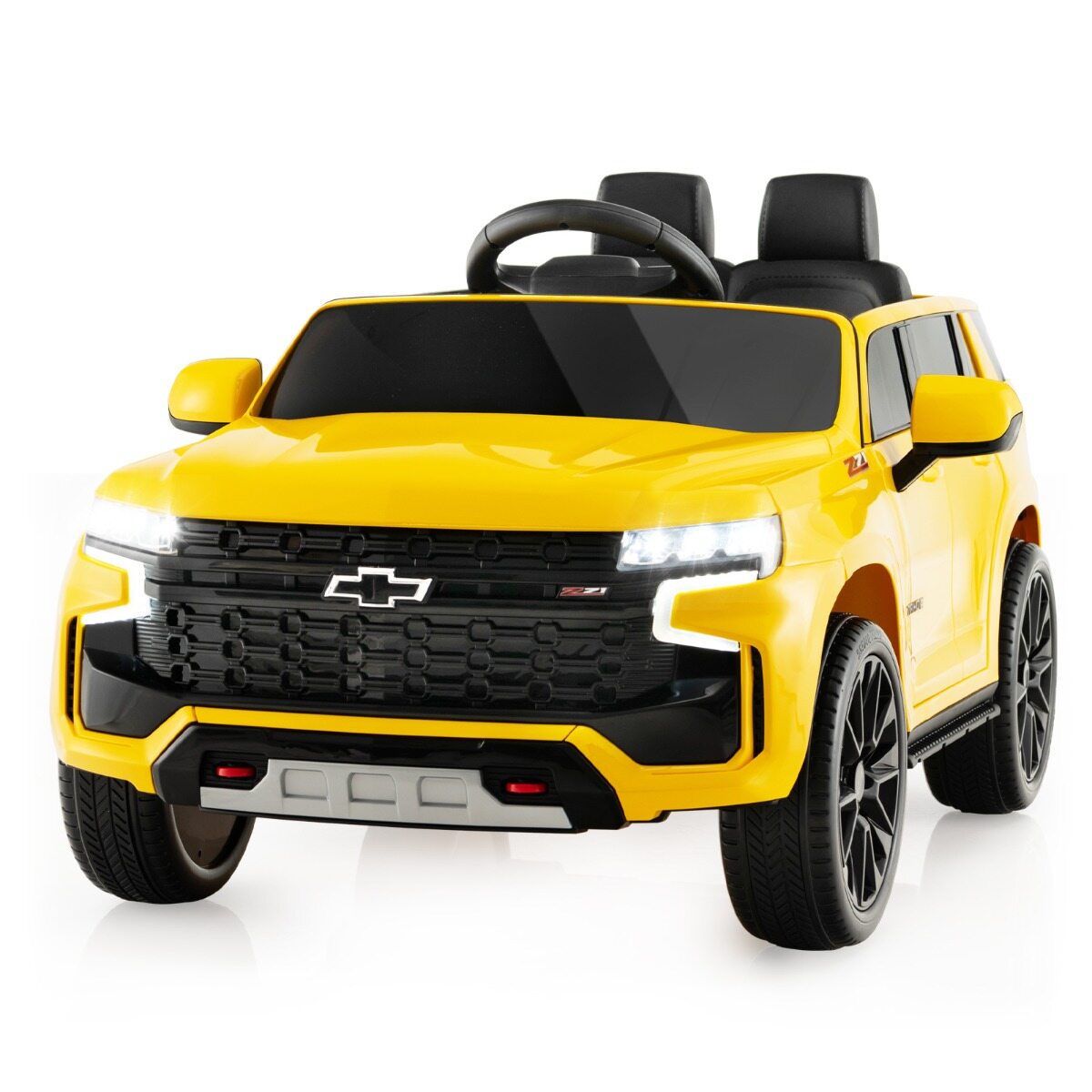 Laste Chevrolet elektriauto 2.4 G puldi ja vedrustuse ja tulede ja muusikaga, lasteauto kollane