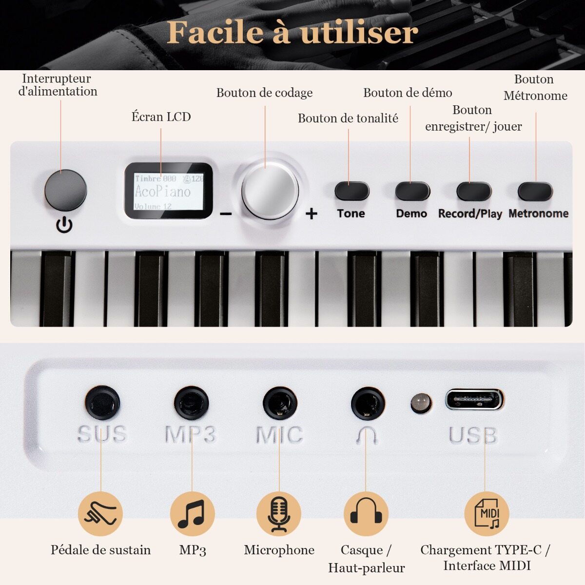 Kokkupandav e-klaviatuur 88 valgustatud klahviga digitaalne klaviatuur digitaalne klaviatuur valge