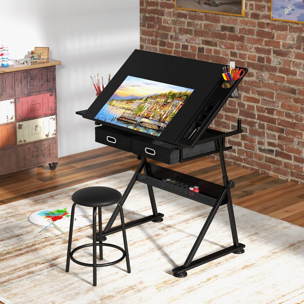 Joonistuslaua ja tabureti komplekt kallutatava lauaplaadi ja sahtlitega - must