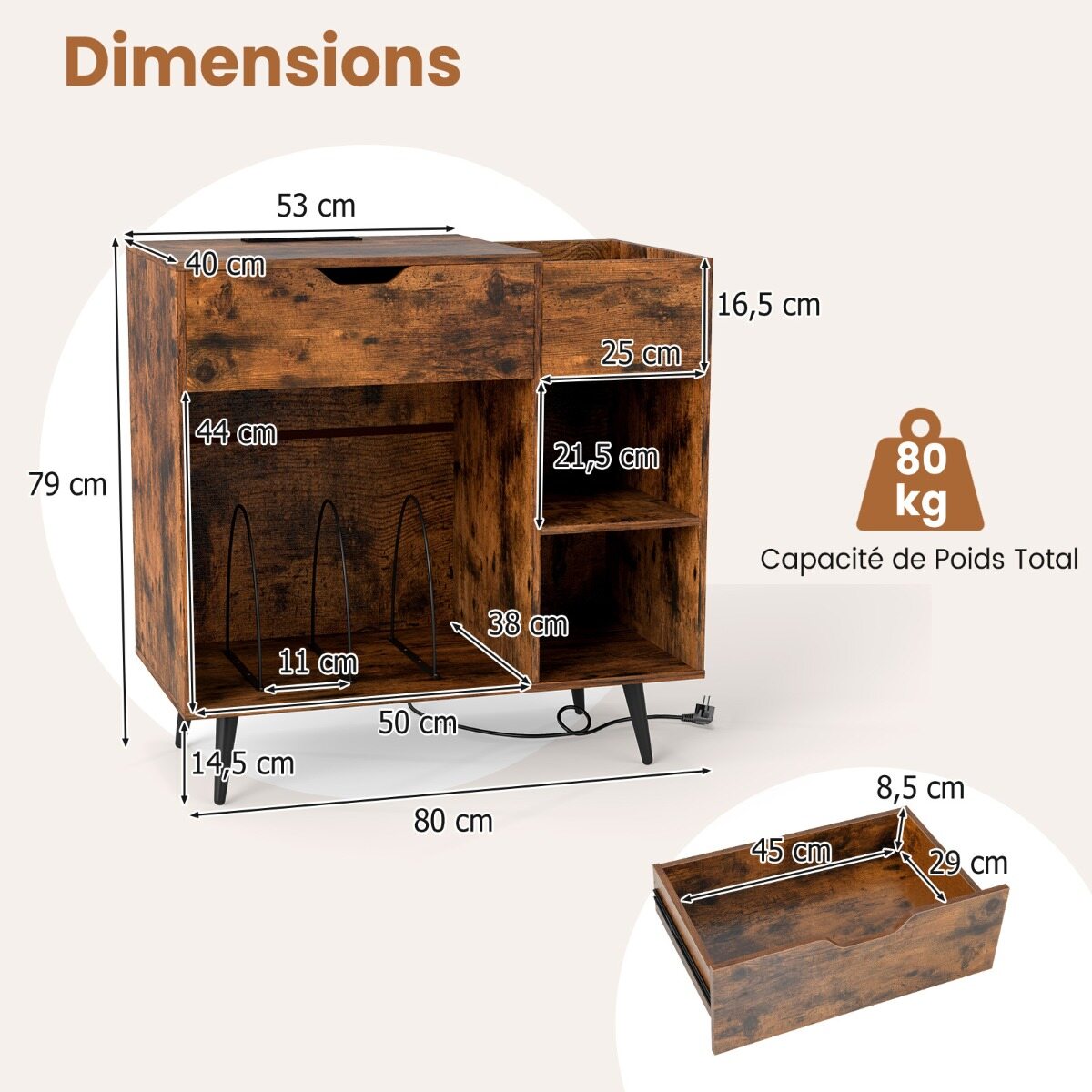 Plaadimängija alusega plaadikapp pistikupesa, USB ja C-tüüpi pesaga 79,5 x 40 x 79 cm, maalähedane pruun