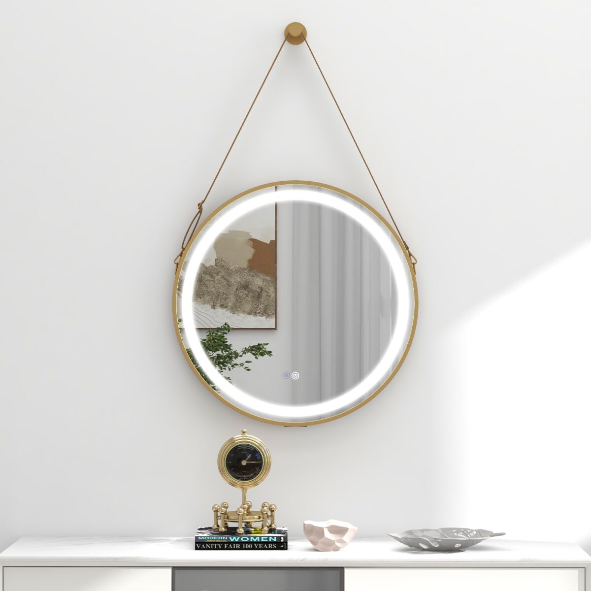 vidaXL vannitoa seinapeegel ümmargune 60 x 60 cm riputusrihmaga, 3 värvi LED-valgustiga, mälufunktsioon, hõbedane