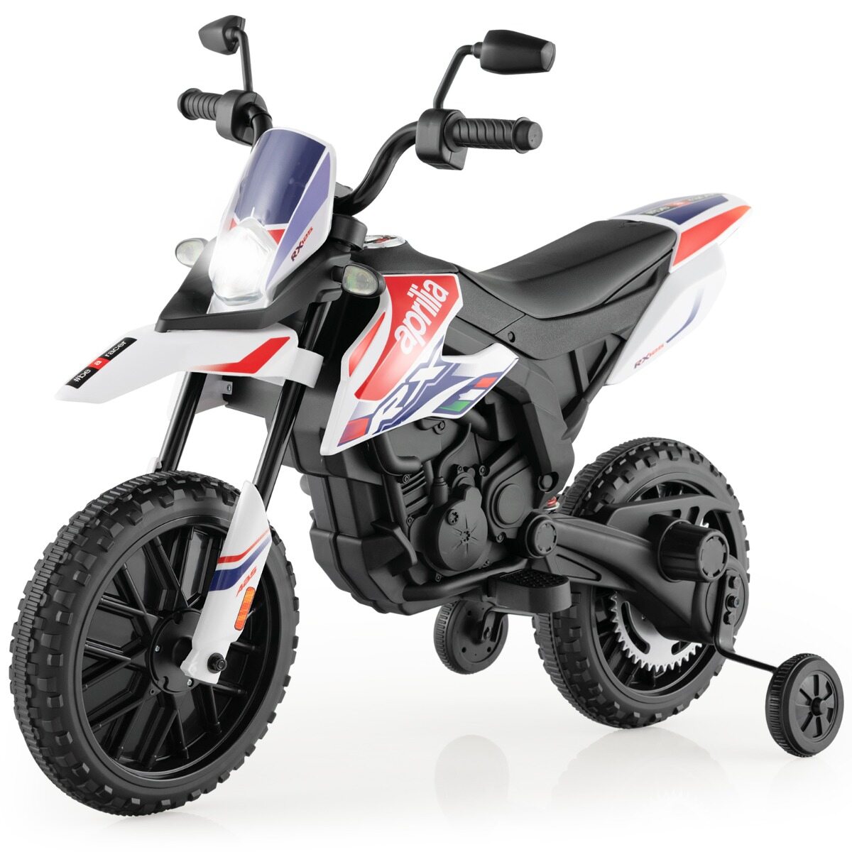 Aprilia elektriline lastemootorratas treeningrataste, muusika ja esitulega 12 V lastemootorratas valge