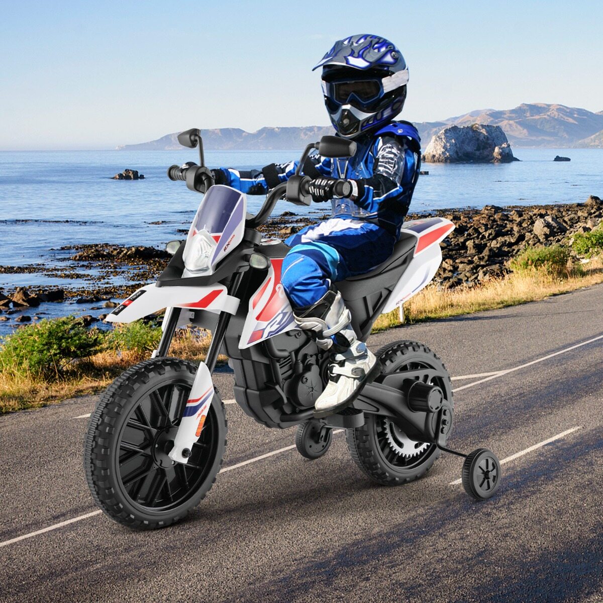 Aprilia elektriline lastemootorratas treeningrataste, muusika ja esitulega 12 V lastemootorratas valge