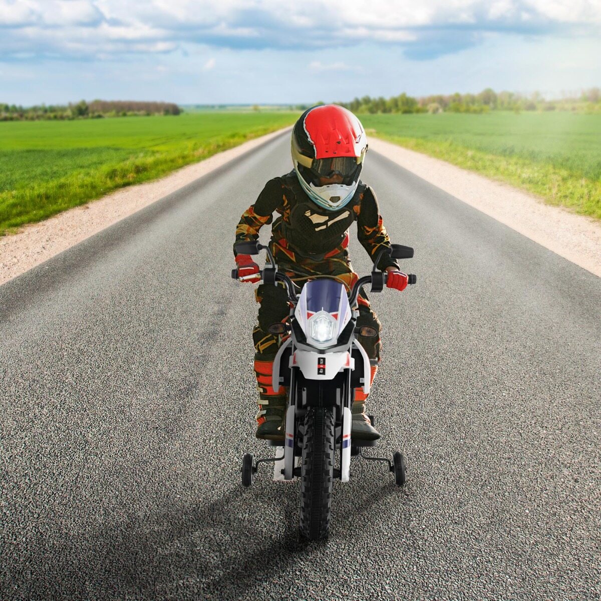 Aprilia elektriline lastemootorratas treeningrataste, muusika ja esitulega 12 V lastemootorratas valge