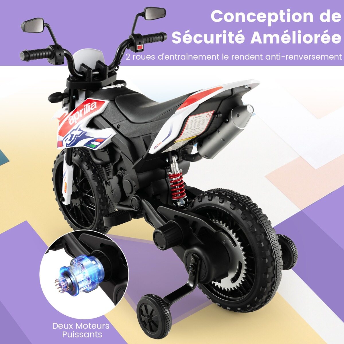 Aprilia elektriline lastemootorratas treeningrataste, muusika ja esitulega 12 V lastemootorratas valge