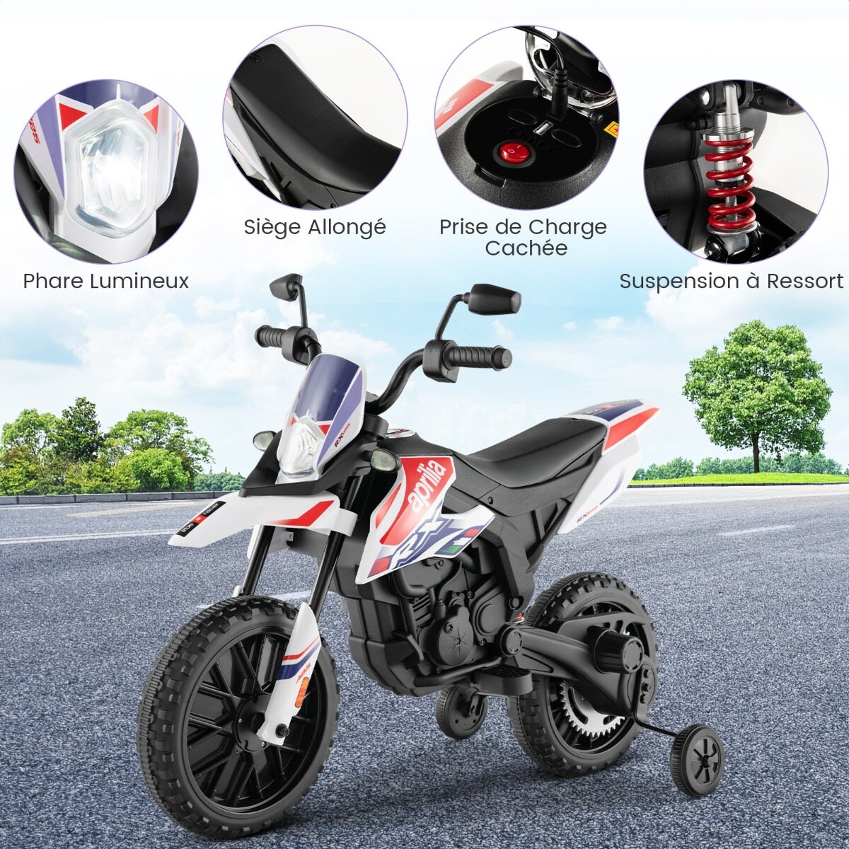 Aprilia elektriline lastemootorratas treeningrataste, muusika ja esitulega 12 V lastemootorratas valge