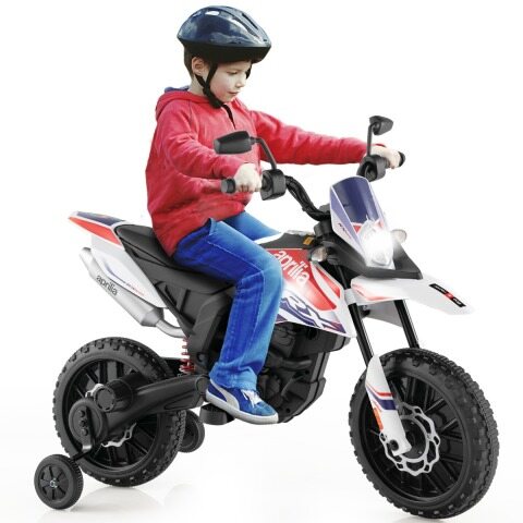 Aprilia elektriline lastemootorratas treeningrataste, muusika ja esitulega 12 V lastemootorratas valge