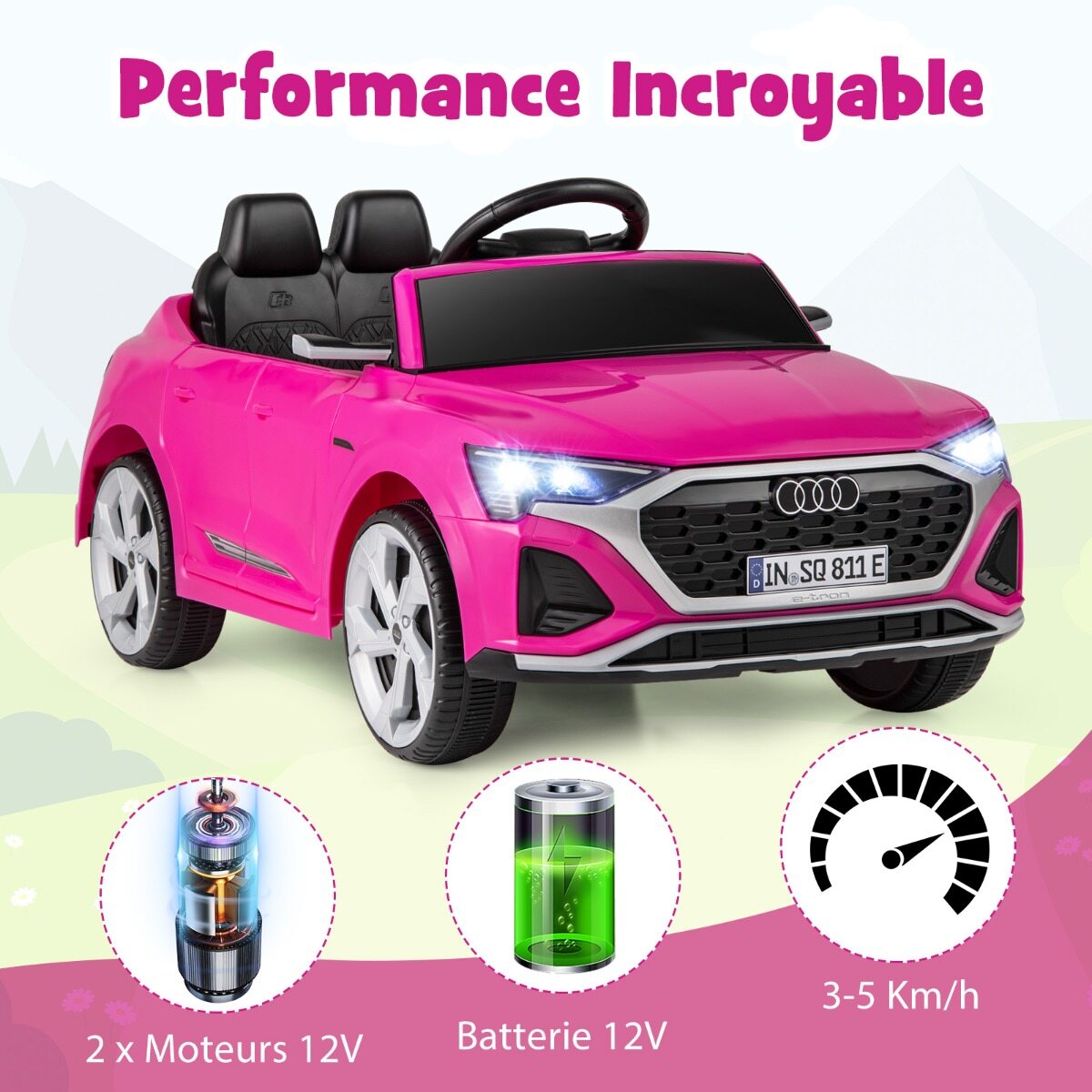 12 V elektriauto lastele, Audi SQ8 litsentsiga, puldiga, signaali, LED-tulede, muusikaga, 3 kiirusega, alates 3. eluaastast, roosa