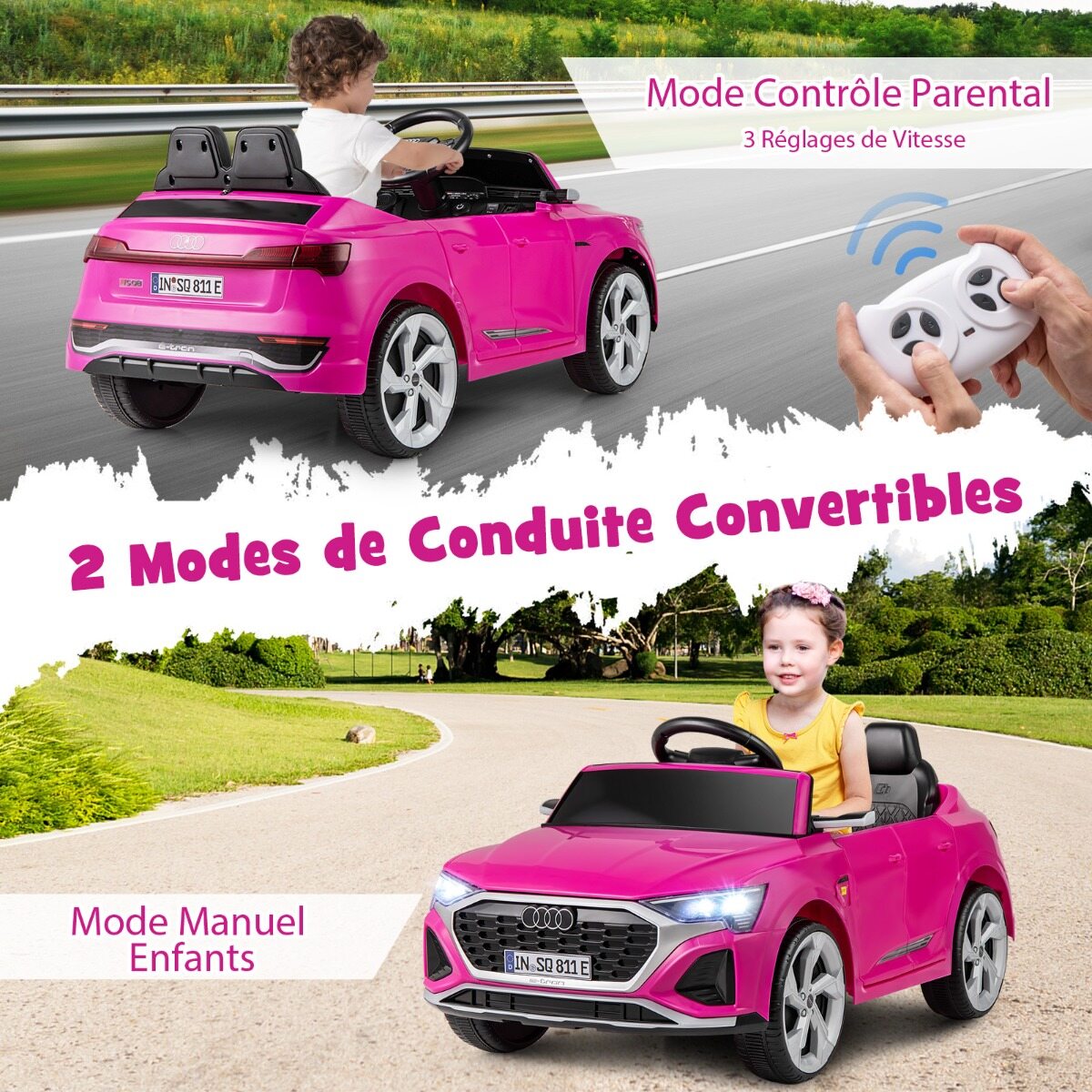 12 V elektriauto lastele, Audi SQ8 litsentsiga, puldiga, signaali, LED-tulede, muusikaga, 3 kiirusega, alates 3. eluaastast, roosa