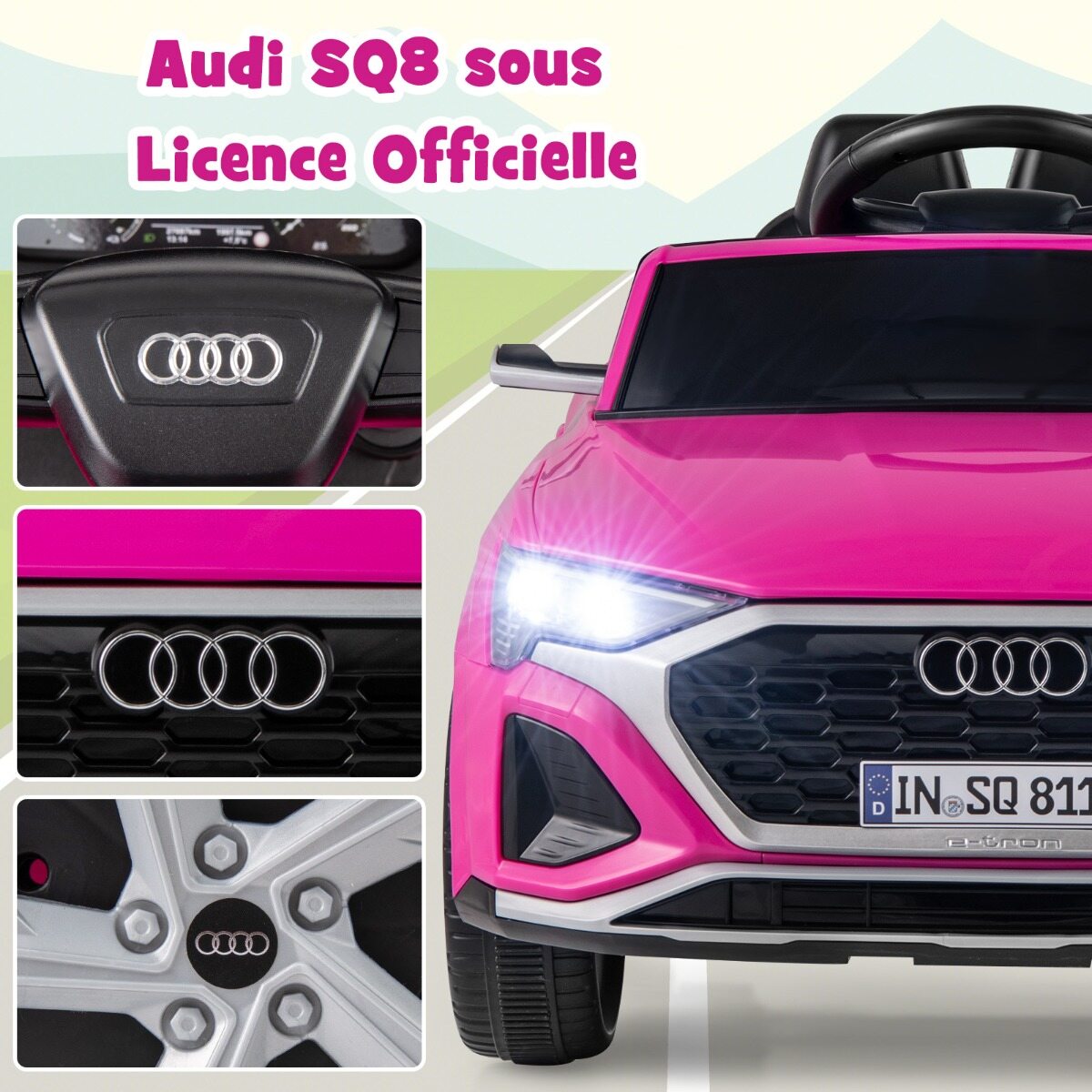 12 V elektriauto lastele, Audi SQ8 litsentsiga, puldiga, signaali, LED-tulede, muusikaga, 3 kiirusega, alates 3. eluaastast, roosa
